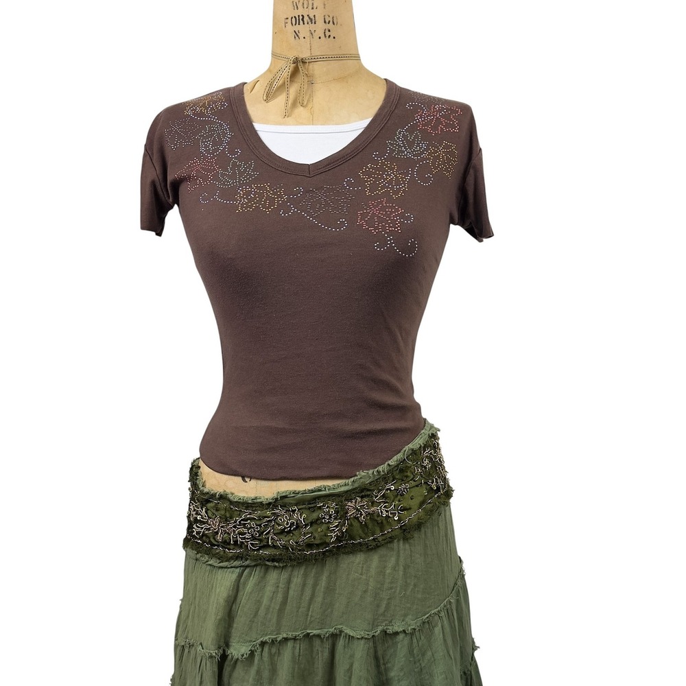 Y2K Fallcore Rhinestone Henley Baby Tee Brown V-Neck Fairy Earthy Granola Size S
